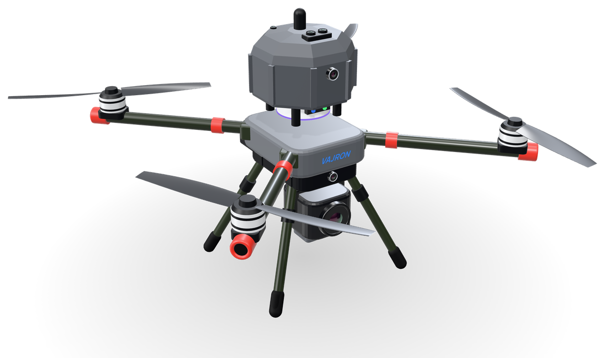 VAJRON AI Inspection Drone at three-quarters from the front: faceted sensor dome with the RTK mast, grey body with the VAJRON mark, four carbon rotor arms with red end caps, a 3-axis gimbal camera and landing gear.